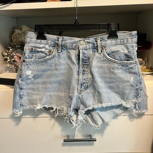 Agolde Light Blue Distressed High-Rise Jean Shorts